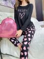 Women's Black And Pink Matching Heart Print Comfortable Pajama Set