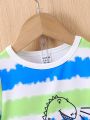 2pcs/set Infant Boys' Tie-dye Dinosaur Short Sleeve Top & Denim Shorts, Spring/summer Fashion Outfit