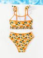 Big Girls' Orange Print Swimsuit With Ruffle Edge