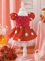 Baby Girl Valentine'S Day Polka Dot & Letter Print Tulle Patchwork Bowknot Dress With Imitation Pearls