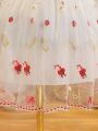 SHEIN Kids EVRYDAY Young Girl's Summer New Strawberry Embroidery Mesh Sweet Puffy Princess Dress