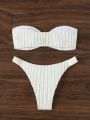 SHEIN X Lily May Mac Women's Solid Color Bandeau Bikini Set With Ring Detail And High Waisted Bottoms