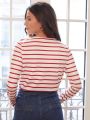 SHEIN Frenchy Women's Striped T-shirt With Letter Print, Button Detail