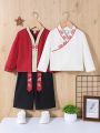 SHEIN Baby Boys' Chinese Style Pattern Splicing Cardigan, Pants, And Hanfu 3pcs Outfit