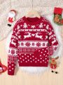 SHEIN Tween Girl Christmas Elk & Heart Pattern Drop Shoulder Sweater