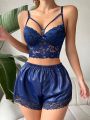 Floral Lace Rhinestone Decor Cami Top & Shorts PJ Set