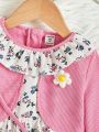 Little Girls' 3d Flower Detail Open Front Coat And Floral Print Dress Set