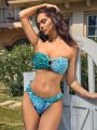 SHEIN Leisure Floral Print Bandeau Bikini Swimwear Set With Circular Ring Decoration