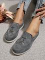 Slip-on Loafers Flat Shoes In Grey With Strap Decoration