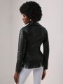 EFFLEURA Fringe Hem PU Leather Moto Jacket