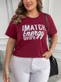 SHEIN LUNE Women's Wine Red Plus Size Short Sleeve Printed T-shirt