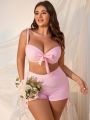 SHEIN Swim Mod Plus Size Color Block Bowknot Strap Swimsuit Set