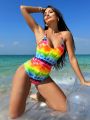 SHEIN Swim Vcay Ladies' Rainbow Color One-piece Swimwear