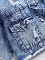 Tween Girl Denim Jacket With Frayed Hem And Pleated Skirt Set