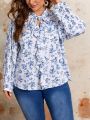 SHEIN Frenchy Plus Size Full Floral Print Blouse With Ruffled Neckline, Tie And Lantern Sleeves