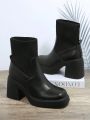 Faux Leather Slip On Block Heel Boots