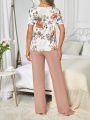 Ladies' Pajamas Set With Floral And Leafy Pattern