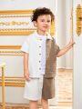 SHEIN Kids Nujoom Young Boy's Texture Contrast Color Short Sleeve Shirt And Shorts Set, Cute And Combinable