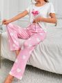 Women'S Letter Printed Short Sleeve T-Shirt And Heart Patterned Pants Pajama Set