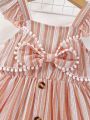 SHEIN Baby Girls' Casual Retro Elegant Striped Fabric Bowknot Decorated Dress For Holiday And Going Out