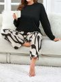 Plus Size Solid Color Top & Color Block Long Pants Set