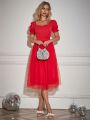 Red Lace A-line Princess Dress With Puff Sleeves And Empire Waist For Daily Wear In Spring/summer