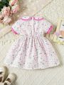 Baby Girls' Floral Printed A-Line Dress With Doll Collar And Contrast Trim