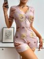 Women'S Short Sleeve Short Romper Pajamas With Teddy Bear Print