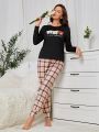 Women'S Cartoon Print Plaid Homewear Set With Long Sleeve Top And Long Pants, Family Matching Outfits Mommy And Me (4 Sets Sold Separately)