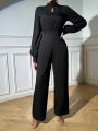 SHEIN BAE Women's Solid Color Hollow Out Stand Collar Lantern Sleeve Jumpsuit