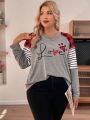 Women'S Plus Size Grid-Stripe Patchwork Raglan Sleeve Alphabet Print T-Shirt