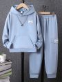 Tween Girl Letter Patched Detail Kangaroo Pocket Hoodie & Sweatpants