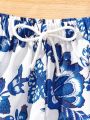 SHEIN Kids FANZEY Girls' Tie-Front Shorts With Blue And White Porcelain Elements