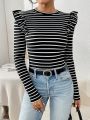 SHEIN Essnce Striped Ruffle Hem Long Sleeve T-shirt