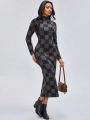 CreativeWingy Women's High Neck Plaid Slim Fit Sweater Dress With Hip-hugging Design