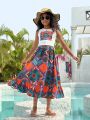 SHEIN Kids Cooltwn Tween Girls' Daily Casual Knitted Floral Print Sleeveless Tank Top And Skirt Set