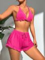 SHEIN Swim Vcay Ruffled Halter Top & Shorts Decor Bikini Set