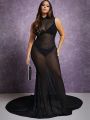 Berry Plus Mock Neck Fishnet Mesh Maxi Dress Without Lingerie Set