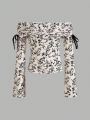 SHEIN Privé Off Shoulder Floral Printed Slim Fit Long Sleeve T-Shirt