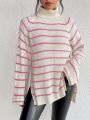 SHEIN Essnce Striped Pattern Turtleneck Raglan Sleeve Split Hem Sweater