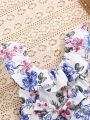 SHEIN Baby Girl'S Romantic Floral Print Off Shoulder Jumpsuit With Ruffle Trim