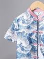 SHEIN Boys' One-Piece Casual Wave Printed Mandarin Collar Shirt And Shorts Chinese Style Clothes