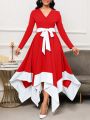 SHEIN Lady Contrast Color Irregular Hem Belted Dress