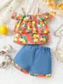 2pcs/Set Spring Summer Baby Girls' Lemon Printed Overalls With Spaghetti Strap Top And Washed Denim Shorts Fashion Outfit