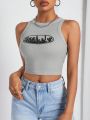 SHEIN Coolane Gray Printed Knit Cropped Tank Top