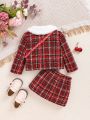 SHEIN Baby Girls' New Year's Red Plaid Patchwork Doll Collar Coat, Elastic Waist Skirt And Bag 3-piece Set