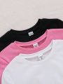 SHEIN Kids EVRYDAY Big Girls' Knitted Solid Color Round Neck Casual T-Shirts, 3pcs/Pack