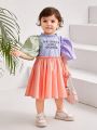 SHEIN Infant Girls' Color Block Casual Bubble Sleeve Dress With Letter Graphic And Frilled Hemline