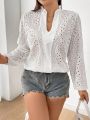 SHEIN MOD Plus Size Hollow Out Embroidery & Ear Edge Design V-neckline Shirt