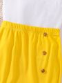 SHEIN Kids FANZEY Tween Girls' One Shoulder Knitted Cami Top And Ruffled Hem Skirt Set